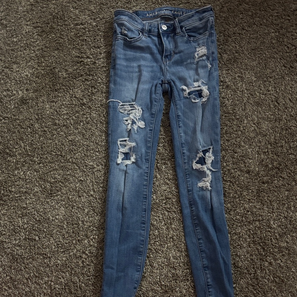 American Eagle Outfitters Women's Dark Blue Ripped Skinny Jeans